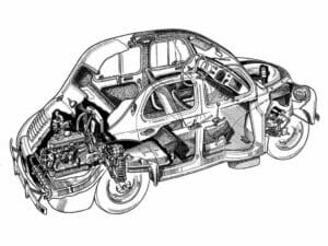 Renault 4CV (first version). Schematic exploded view